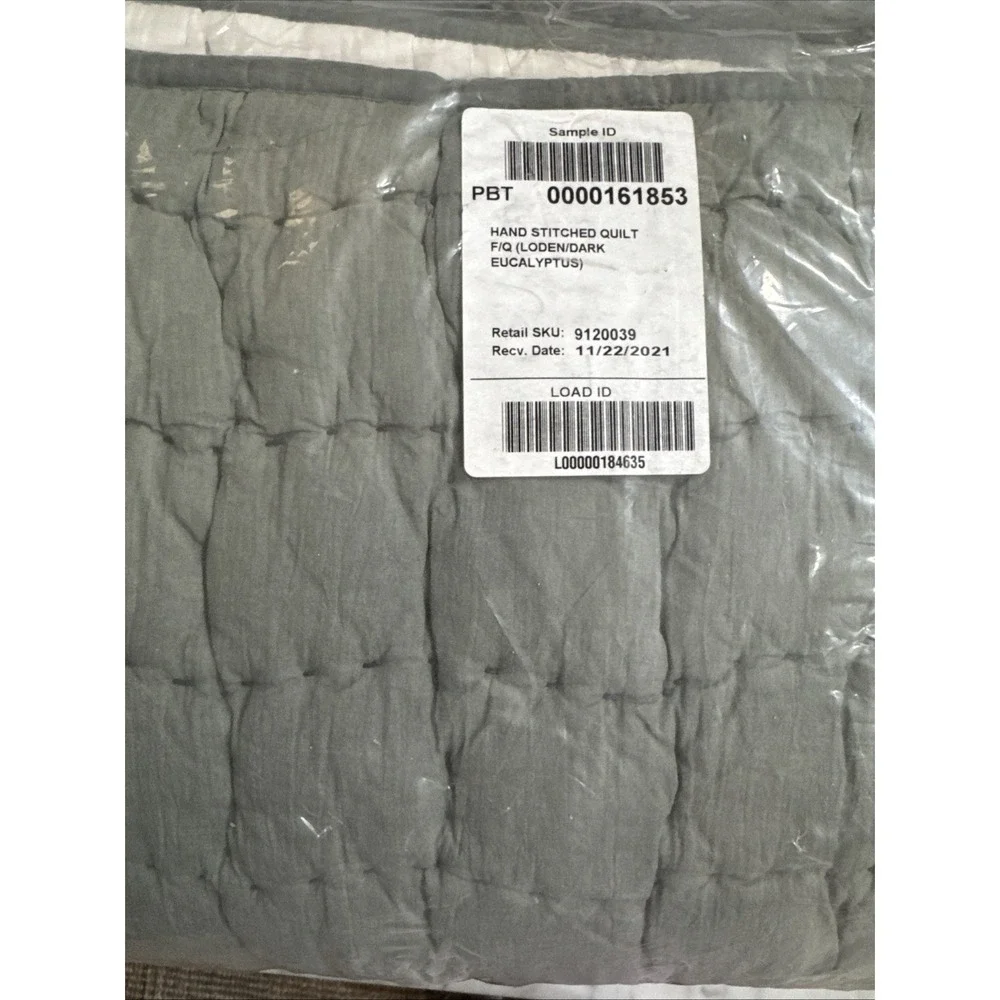 New Pottery Barn Pick-Stitch Handcrafted Full/Queen Quilt Loden Eucalyptus